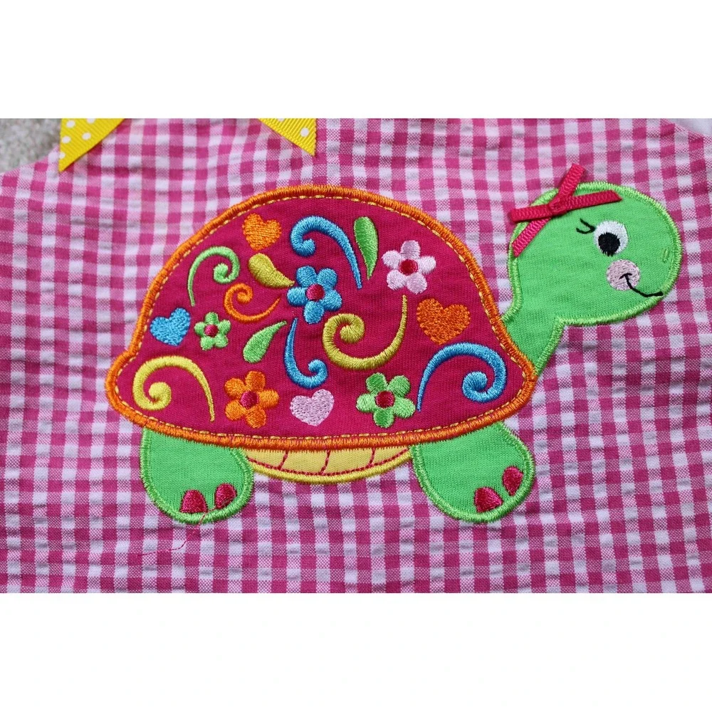 Goodlad Baby Girl Pink Gingham Romper 6 Months Turtle Applique Ruffle Bow Outfit
